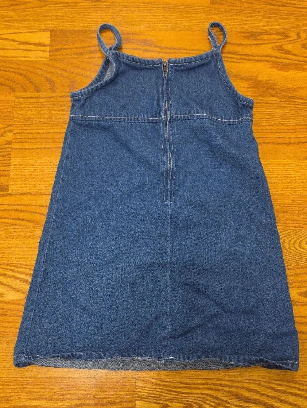 Girls' Dark Blue Denim Spaghetti-Strap Dress with Floral Embroidery Size (8-10)